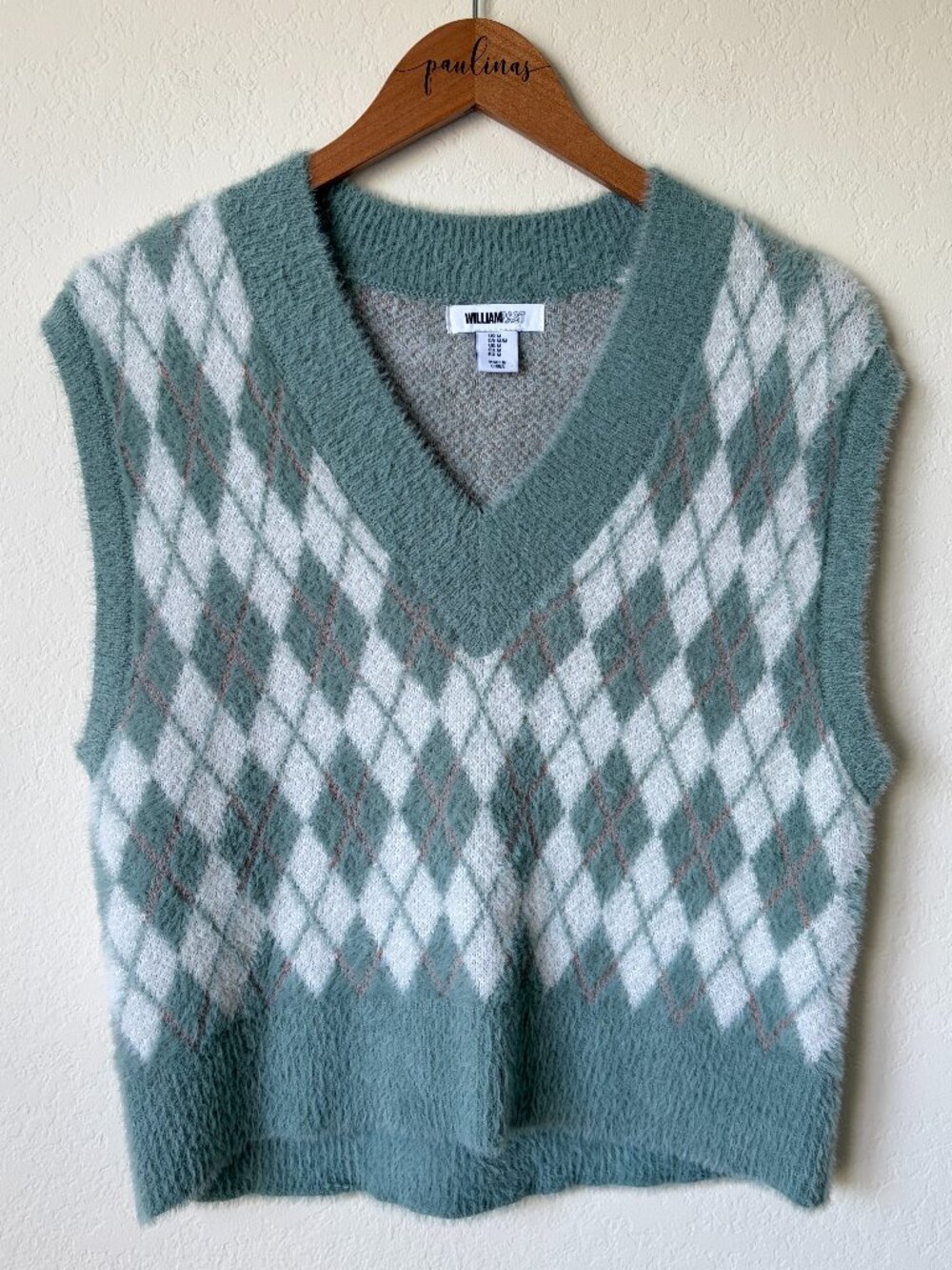William Rast Vest Womens Medium Fuzzy Argyle Sweater Green Soft VNeck Academia M